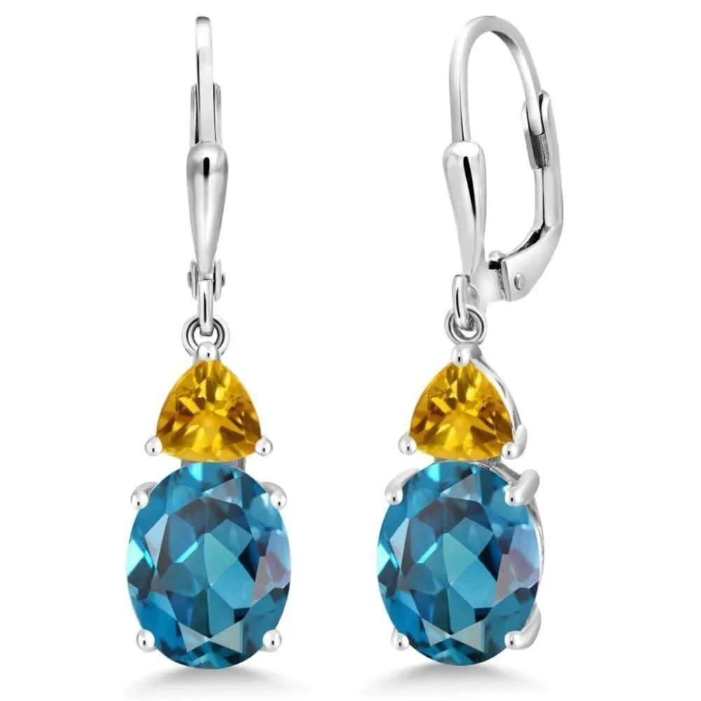 925 Sterling Silver with 6.82 Cttw London Blue Topaz and Citrine Drop Earrings